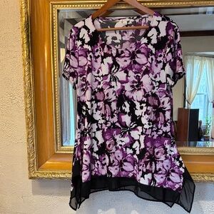 Cato Black & Purple Floral Lace Trimmed Top - Size L